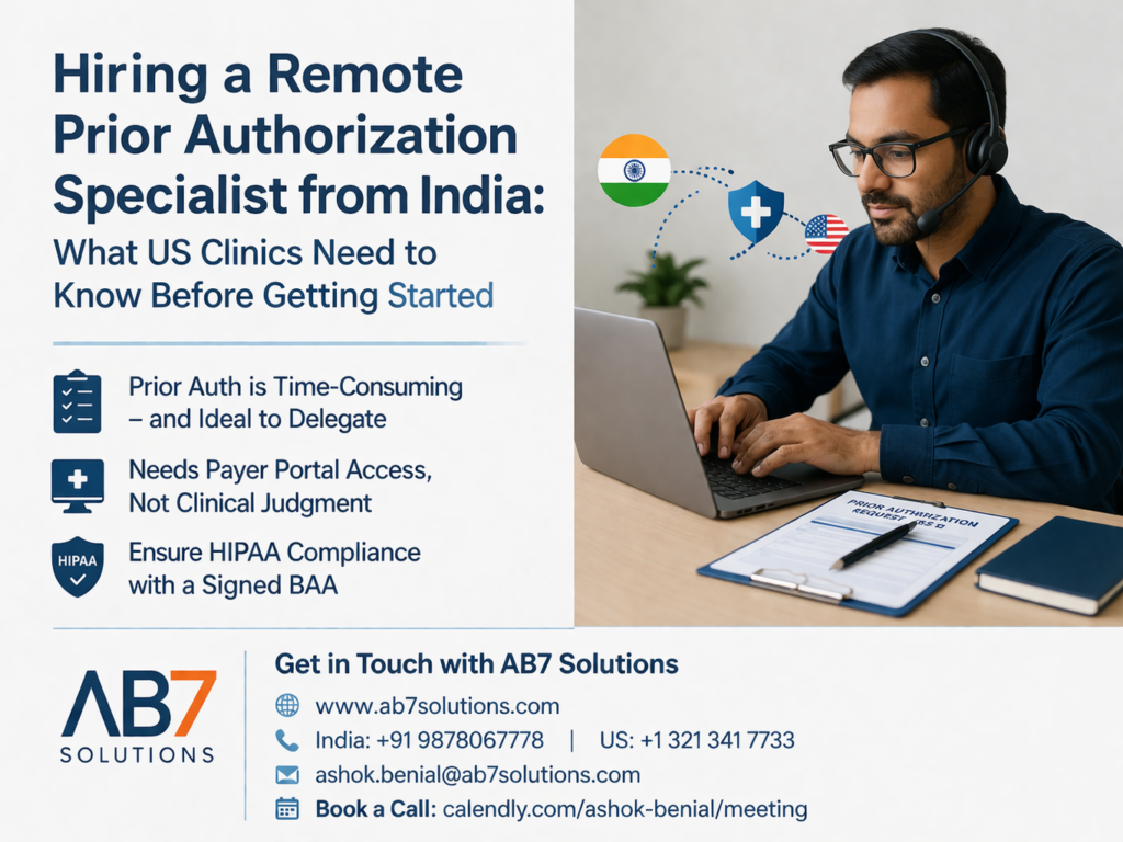 Remote prior authorization specialist in India managing insurance approval workflows for US clinic patients