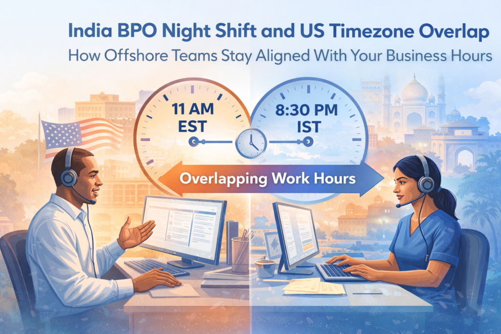India BPO healthcare team working night shift to align with US Eastern and Pacific business hours