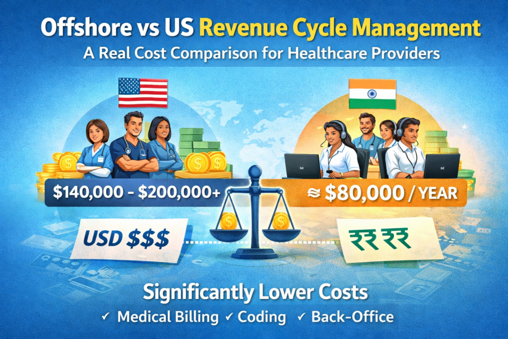 Side-by-side cost comparison chart of US in-house RCM vs offshore India revenue cycle management for healthcare providers