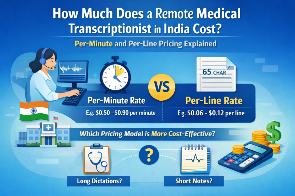 India-based remote medical transcriptionist with per-minute and per-line pricing breakdown for US healthcare clients