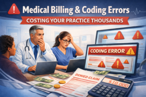 Medical billing and coding errors causing claim denials and financial losses in a healthcare practice