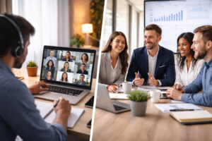 Split-screen image showing a professional working remotely on a video call on the left and a team collaborating in an office meeting on the right, highlighting virtual vs in-person work environments.