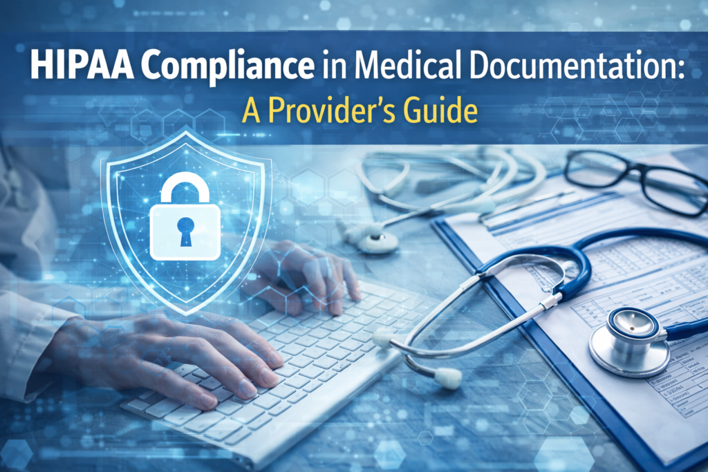 Healthcare professional typing on a computer with a digital security shield and medical tools, representing HIPAA compliance and secure medical documentation practices.