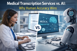 Split-screen image showing AI-powered transcription on one side and a human medical transcriptionist reviewing clinical notes on the other, highlighting accuracy and quality differences.