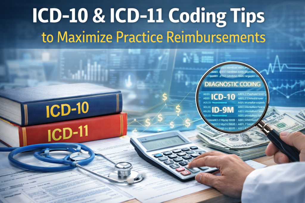 Medical coding desk with ICD-10 and ICD-11 books, calculator, stethoscope, and billing documents, representing accurate coding for maximizing healthcare reimbursements.