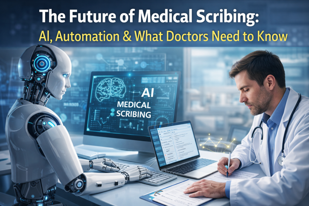 Doctor working alongside an AI-powered medical scribing system with a humanoid robot and digital interface, representing automation in healthcare documentation.