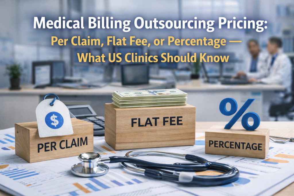 Medical billing outsourcing pricing models per claim flat fee and percentage for US clinics outsourcing to India