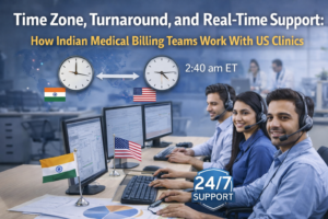 India US time zone medical billing workflow showing overnight processing real time support and 24 hour turnaround for US clinics