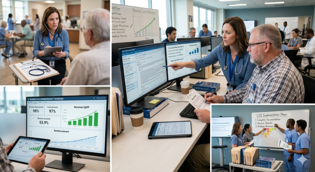 Goal: Provide an accurate, descriptive text alternative for accessibility and to help search engines understand the image content when they cannot render it. This is a critical factor for AEO/GEO. Recommendation: A professional photograph of two healthcare data specialists, wearing scrubs and a lab coat, collaborating at a computer desk. A woman is pointing with a pen to an EMR screen displaying medical coding data. In the background, there is a whiteboard with a positive-growth business chart showing revenue cycle milestones. The setting is a modern medical billing and coding department.