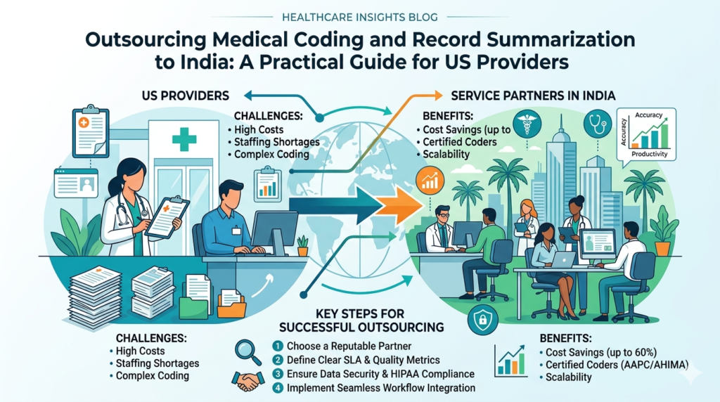 Infographic illustrating the process of outsourcing medical coding and record summarization from US healthcare providers to service partners in India, highlighting cost savings and HIPAA compliance.