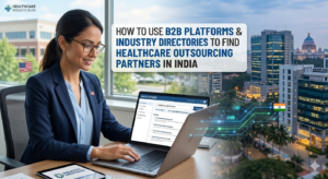 A business professional in a US office uses a laptop to research healthcare outsourcing partners in India, visualized by a network of data connecting her computer to an Indian cityscape with the national flag.