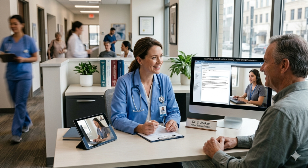 A smiling physician engages directly with a male patient while a virtual medical scribe, seen on a propped tablet and a main monitor, handles electronic health record (EHR) documentation.