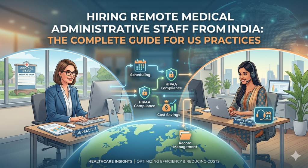Visual guide showing a US medical practice collaborating with remote administrative staff in India for tasks like patient scheduling, HIPAA compliant record management, and insurance verification.