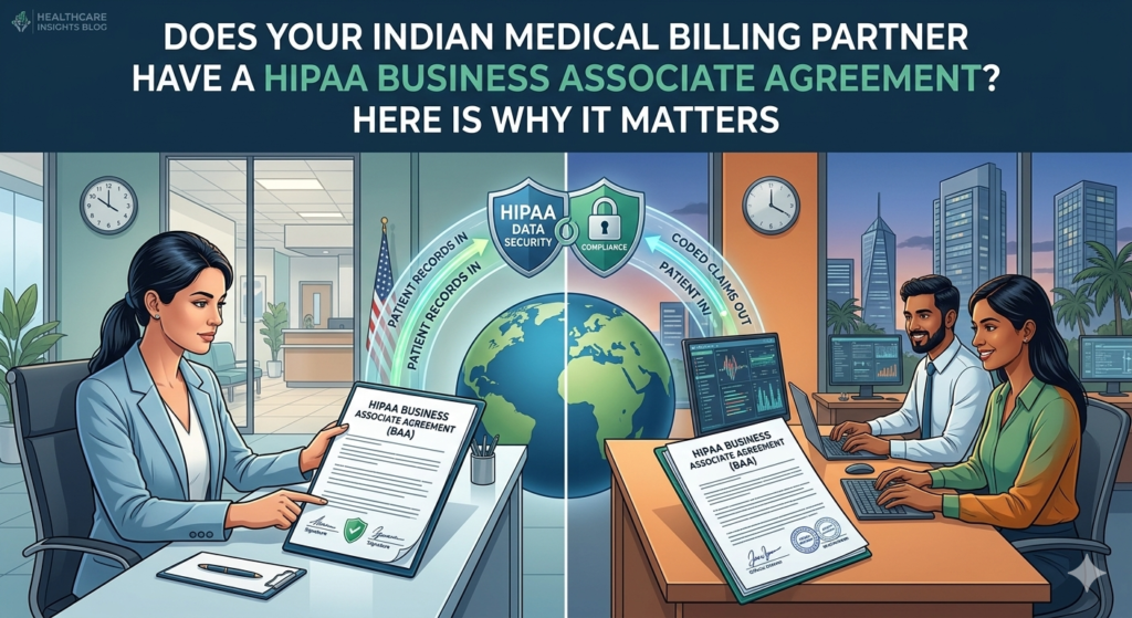 Split-screen illustration showing a US healthcare administrator and an Indian medical billing team both signing a HIPAA Business Associate Agreement (BAA) to ensure secure patient data transfer.