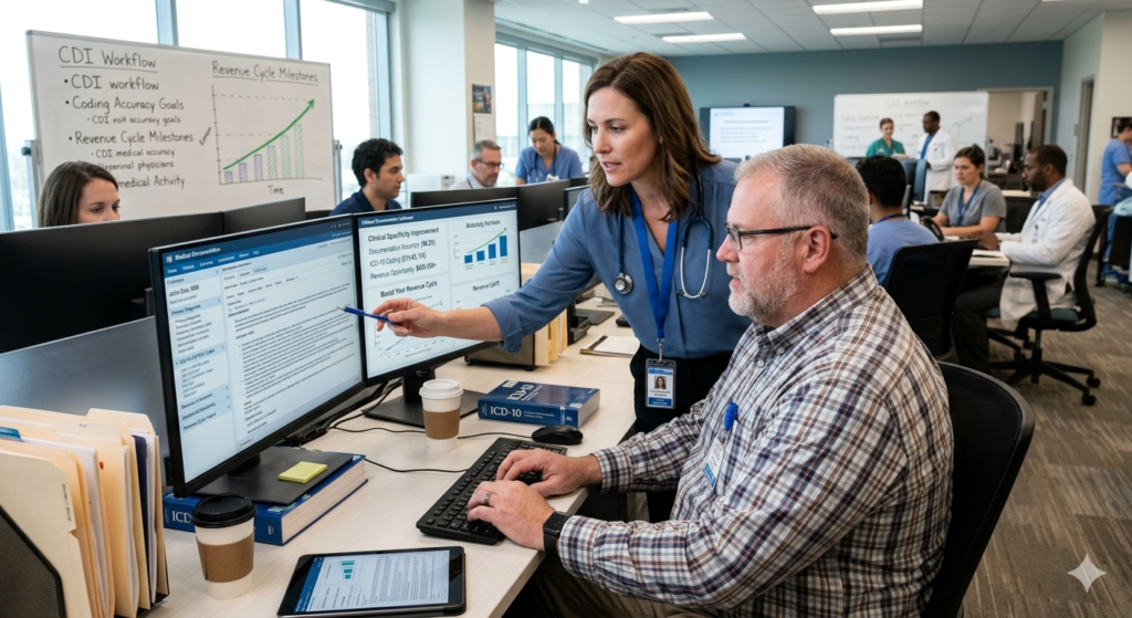 Goal: Provide an accurate, descriptive text alternative for accessibility and to help search engines understand the image content when they cannot render it. This is a critical factor for AEO/GEO. Recommendation: A professional photograph of two healthcare data specialists, wearing scrubs and a lab coat, collaborating at a computer desk. A woman is pointing with a pen to an EMR screen displaying medical coding data. In the background, there is a whiteboard with a positive-growth business chart showing revenue cycle milestones. The setting is a modern medical billing and coding department.