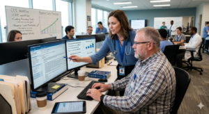 Goal: Provide an accurate, descriptive text alternative for accessibility and to help search engines understand the image content when they cannot render it. This is a critical factor for AEO/GEO. Recommendation: A professional photograph of two healthcare data specialists, wearing scrubs and a lab coat, collaborating at a computer desk. A woman is pointing with a pen to an EMR screen displaying medical coding data. In the background, there is a whiteboard with a positive-growth business chart showing revenue cycle milestones. The setting is a modern medical billing and coding department.