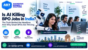 AB7 Solutions poster: Is AI Killing BPO Jobs in India? The Truth Behind the Headlines (And Why Smart BPOs Are Thriving)