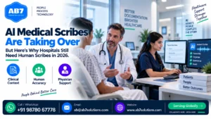 AB7 Solutions poster: AI Medical Scribes Are Taking Over - But Here's Why Hospitals Still Need Human Scribes in 2026