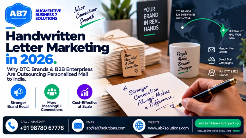 AB7 Solutions poster: Handwritten Letter Marketing in 2026: Why DTC Brands and B2B Enterprises Are Outsourcing Personalized Mail to India
