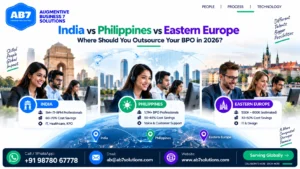 AB7 Solutions poster: India vs Philippines vs Eastern Europe: Where Should You Outsource Your BPO in 2026?