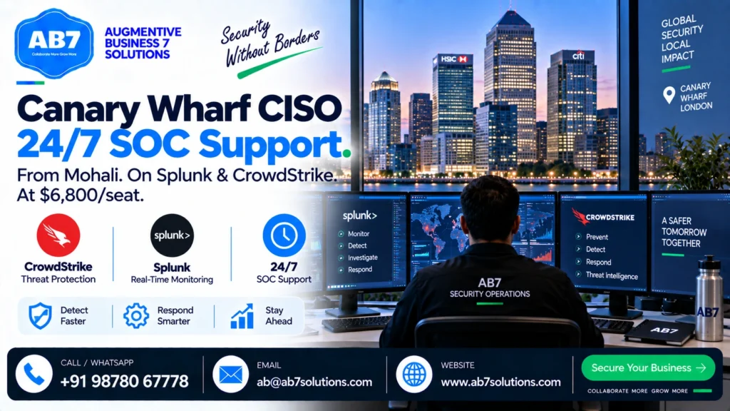 AB7 Solutions poster: Canary Wharf CISO: 24×7 SOC from Mohali on Splunk + CrowdStrike, £6,800/seat