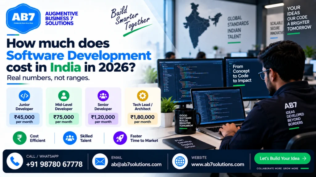 AB7 Solutions poster: How much does software development cost in India in 2026? Real numbers, not ranges
