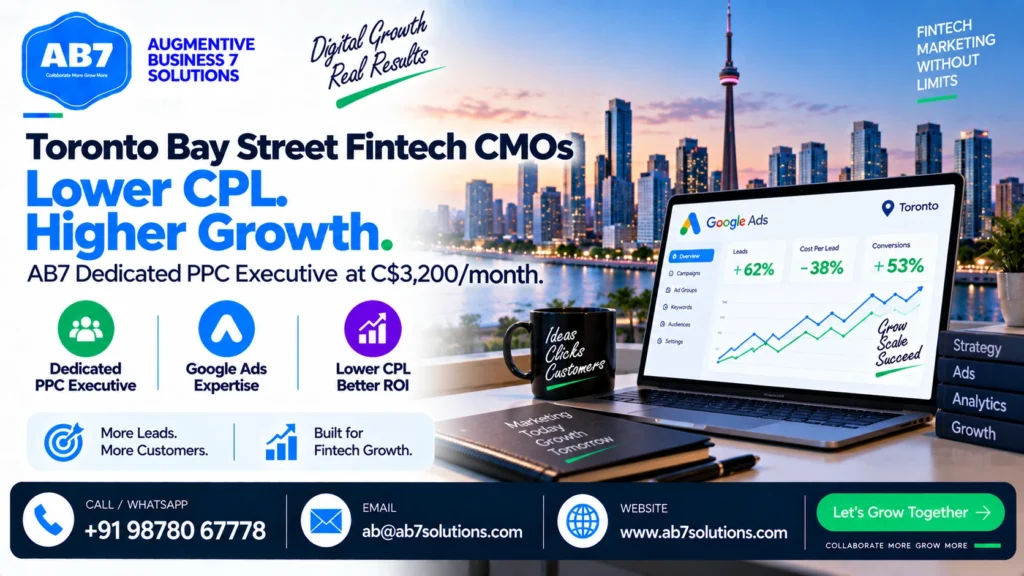 AB7 Solutions poster: Toronto Bay Street fintech CMOs: Google Ads CPL benchmark + AB7 dedicated PPC executive at C$3,200/month