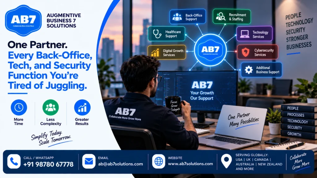 AB7 Solutions poster: One Partner. Every Back-Office, Tech, and Security Function You're Tired of Juggling.