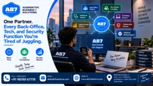 AB7 Solutions poster: One Partner. Every Back-Office, Tech, and Security Function You're Tired of Juggling.