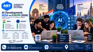 AB7 Solutions poster: AI development: India vs Europe (2026) — GDPR proximity vs delivery depth