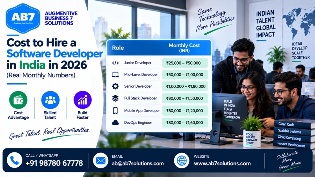 AB7 Solutions poster: Cost to hire a software developer in India in 2026 (real monthly numbers)
