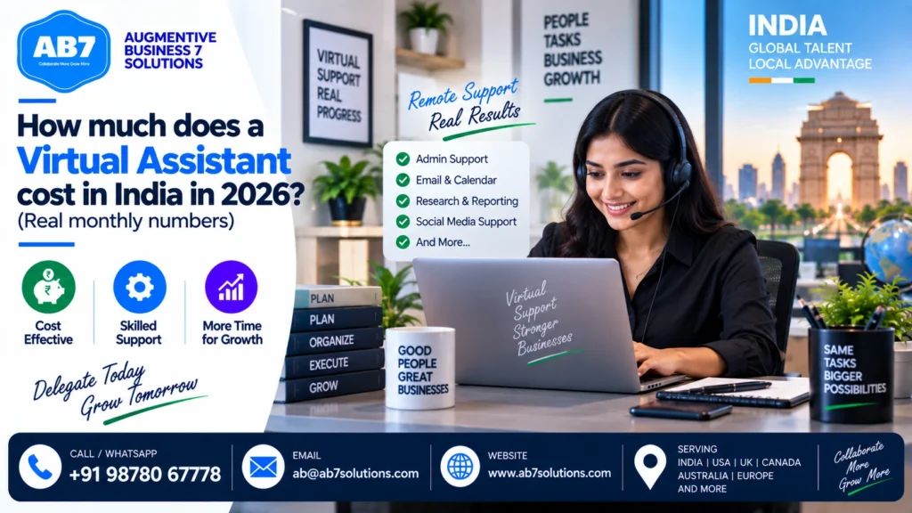 AB7 Solutions poster: How much does a virtual assistant cost in India in 2026? (real monthly numbers)