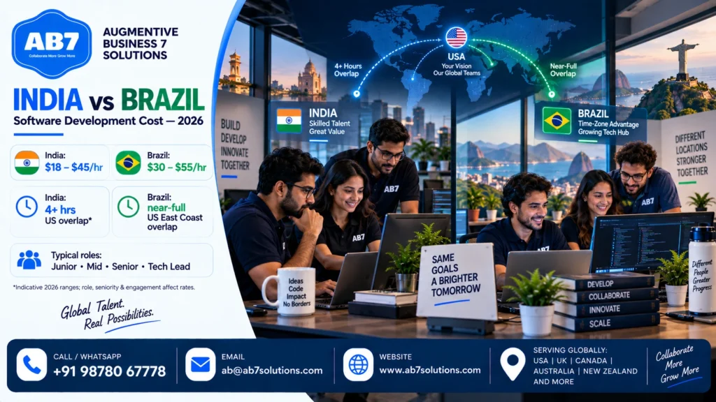 AB7 Solutions poster: India vs Brazil software development cost in 2026 (rates, US time-zone overlap, per-role numbers)