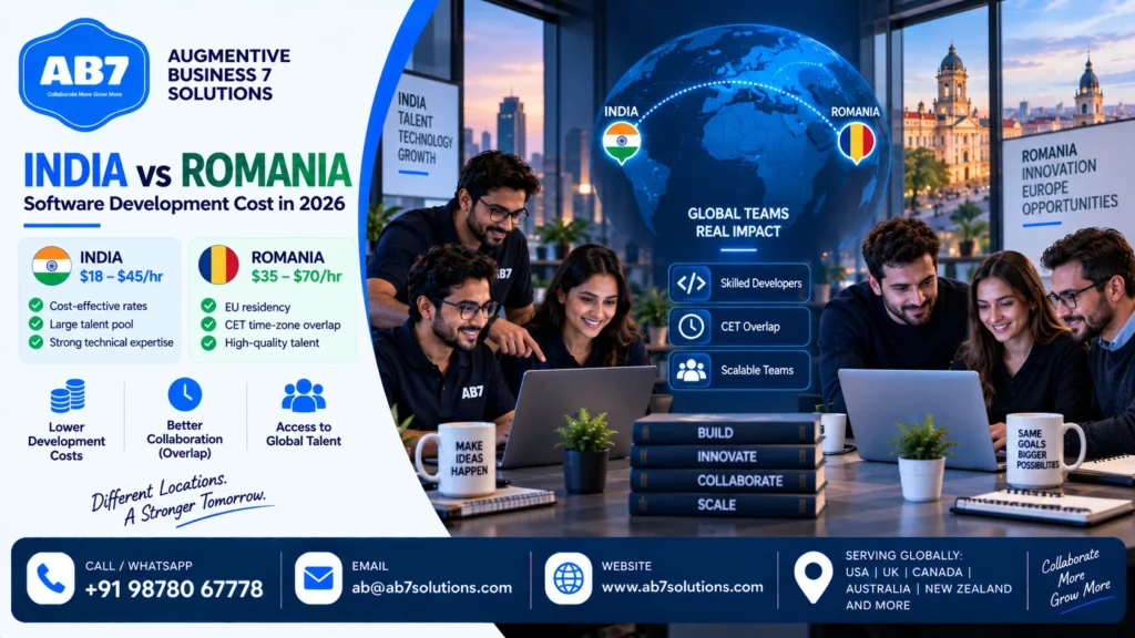 AB7 Solutions poster: India vs Romania software development cost in 2026 (rates, EU residency, CET overlap, per-role numbers)