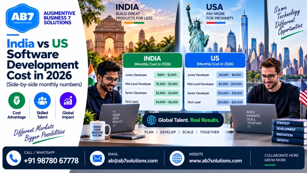 AB7 Solutions poster: India vs US software development cost in 2026 (side-by-side monthly numbers)