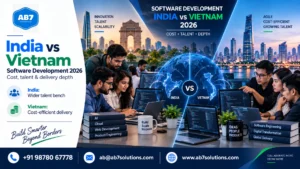 AB7 Solutions poster: India vs Vietnam software development cost in 2026 (per-role monthly numbers)