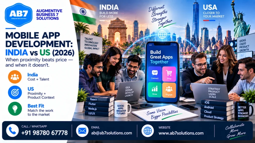AB7 Solutions poster: Mobile app development: India vs US (2026) — when proximity beats price, and when it doesn't