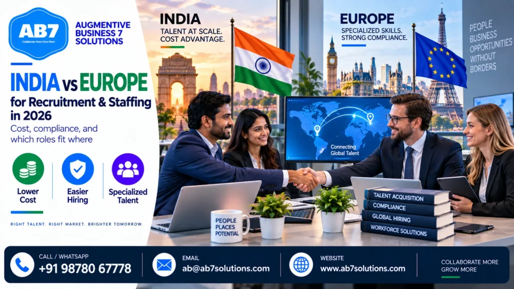 AB7 Solutions poster: India vs Europe for recruitment and staffing in 2026: cost, compliance, and which roles fit where