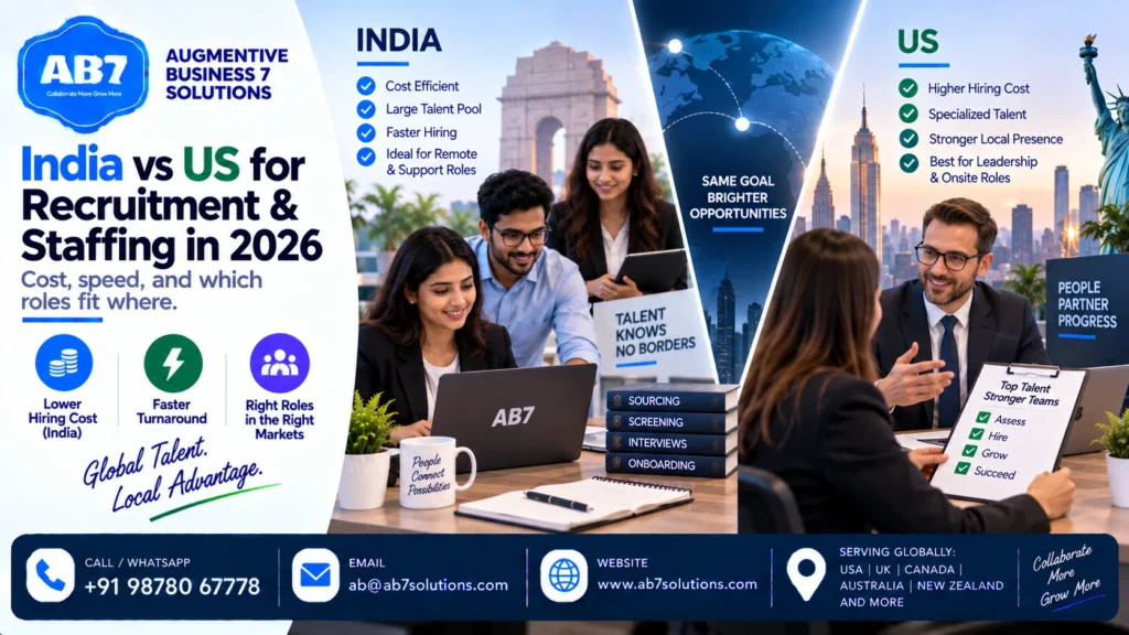 AB7 Solutions poster: India vs US for recruitment and staffing in 2026: cost, speed, and which roles fit where