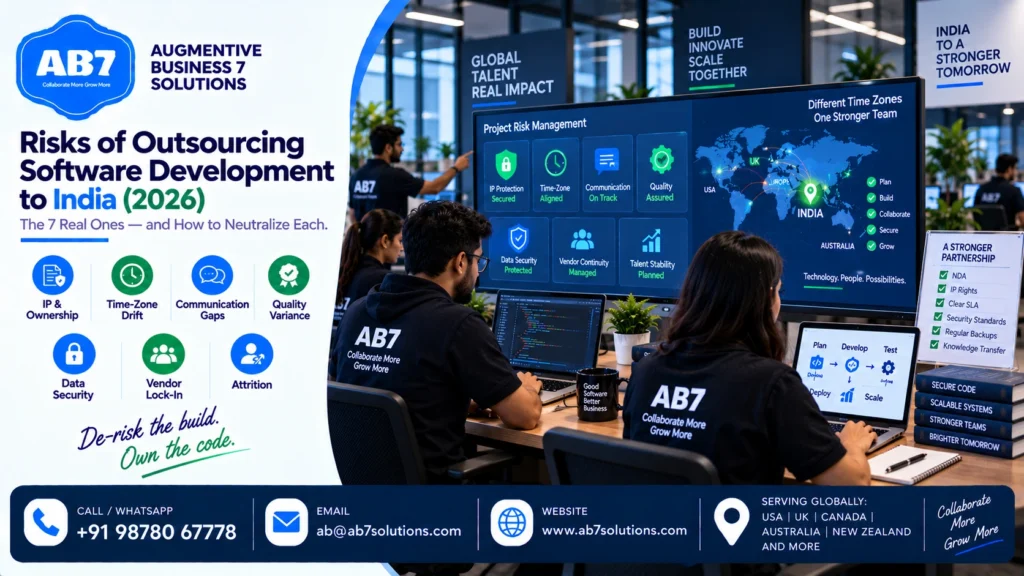 AB7 Solutions poster: Risks of outsourcing software development to India (2026): the 7 real ones and how to neutralize each