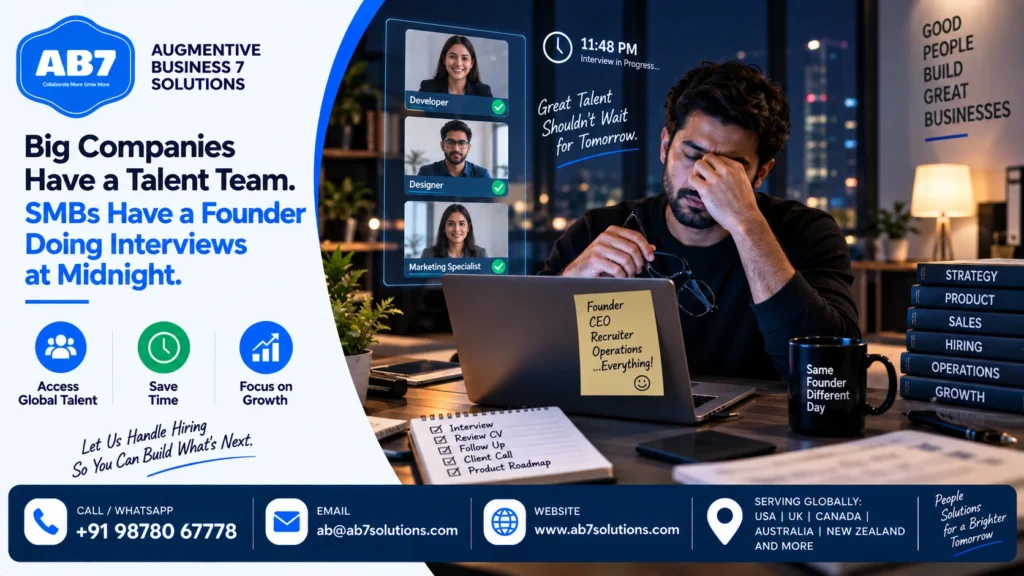 AB7 Solutions poster: Big Companies Have a Talent Team. SMBs Have a Founder Doing Interviews at Midnight.