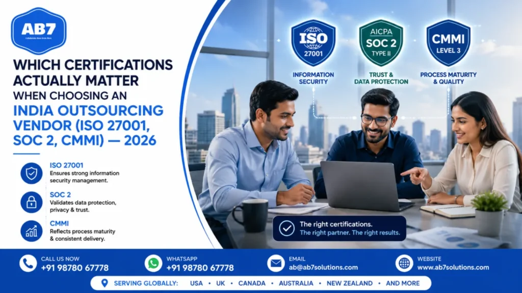 Which certifications actually matter when choosing an India outsourcing vendor (ISO 27001, SOC 2, CMMI) — 2026